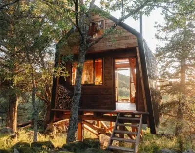 Nordic treehouse cabin in private forest with valley views